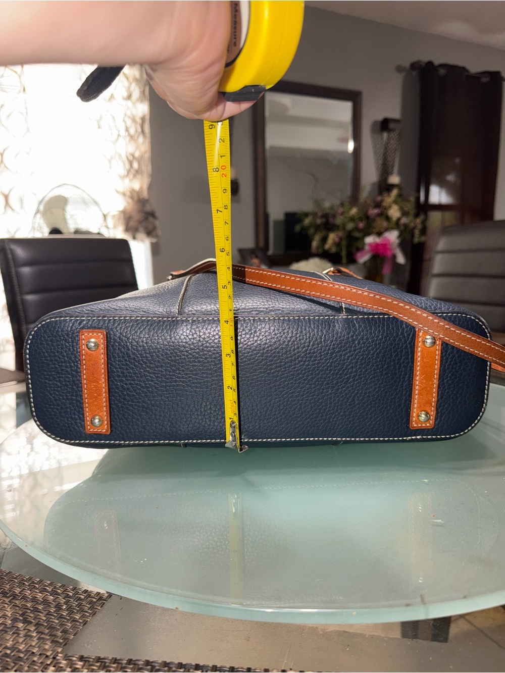 Dooney & Bourke Navy Pebbled Leather Tote with Brown Straps - Picture 5 of 9